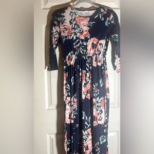 Spring dress, Dark blue , Coral Pink, Teal Blue, mid sleeve, Flower design.